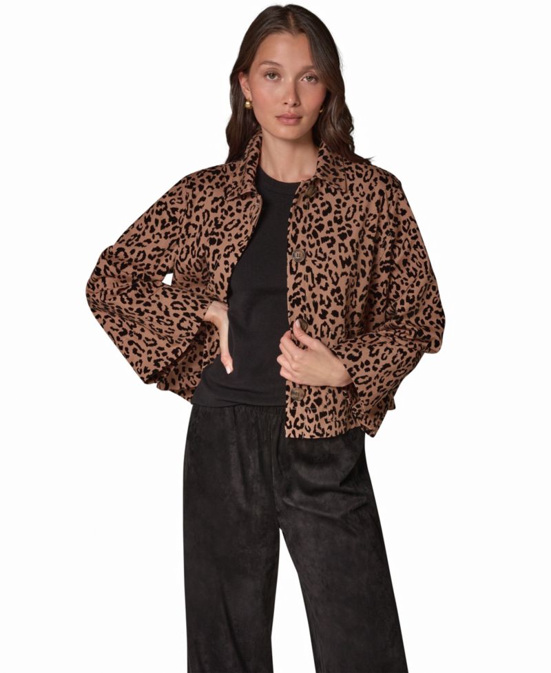 Women's Flocked Canvas Leopard-Print Bell-Sleeve Trapeze Jacket