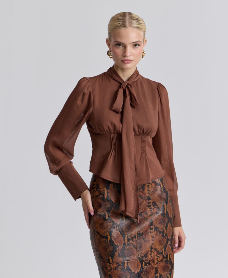 Women's Long Puff-Sleeve Scarf Neck Top