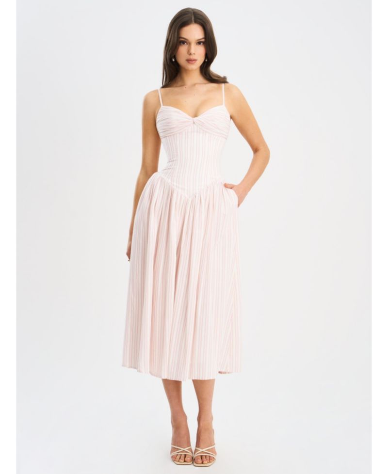 Women's Zania Pink Stripe Ruched Breast Cotton Jacquard Midi Dress