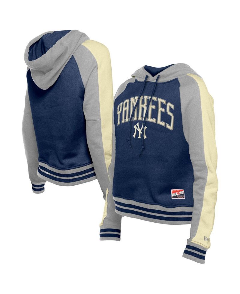 Women's Navy New York Yankees Throwback Cropped Raglan Pullover Hoodie