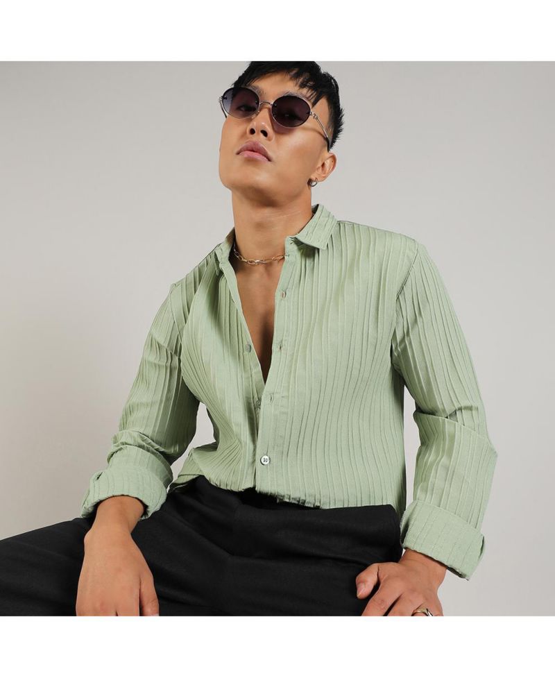 Men's Pistachio Green Self-Design Striped Shirt