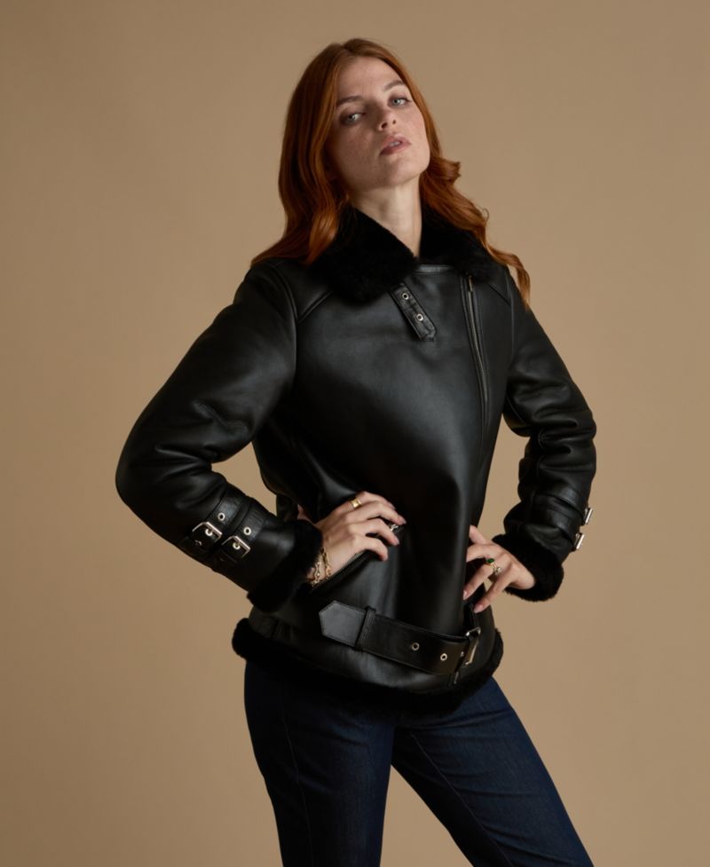 Women's Harriet Sheepskin Belted Biker Aviator Jacket
