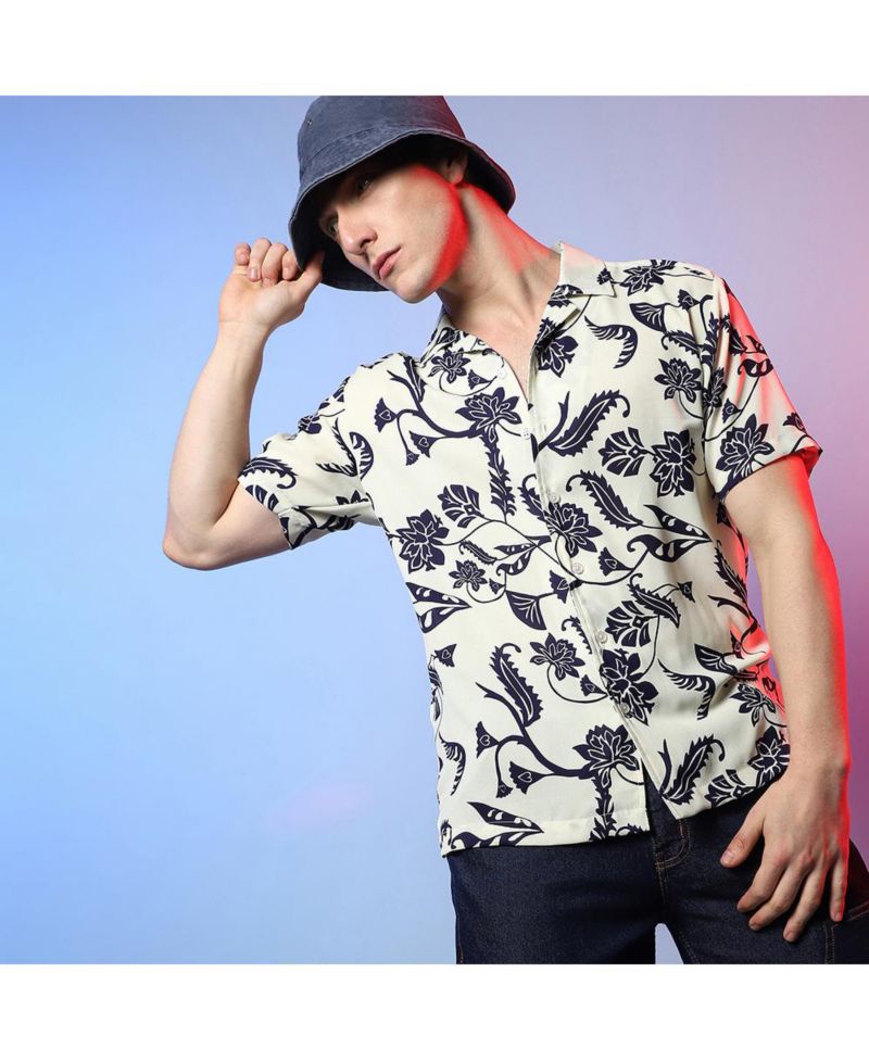 Men's Midnight Black & Ivory White Contrast Flower Shirt