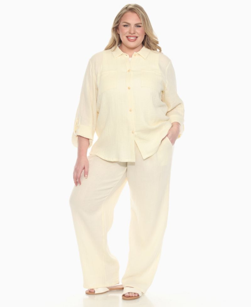 Plus Size Long Sleeve Button Down Cotton Gauze Set