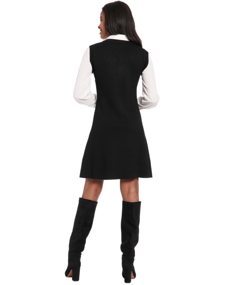 Petite Sweater Twofer Floral-Print A-Line Long-Sleeve Dress