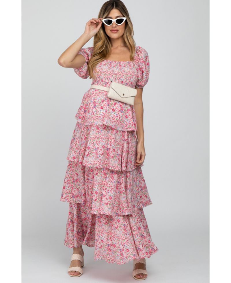 Women's Pink Floral Square Neck Ruffle Layered Maxi Dress