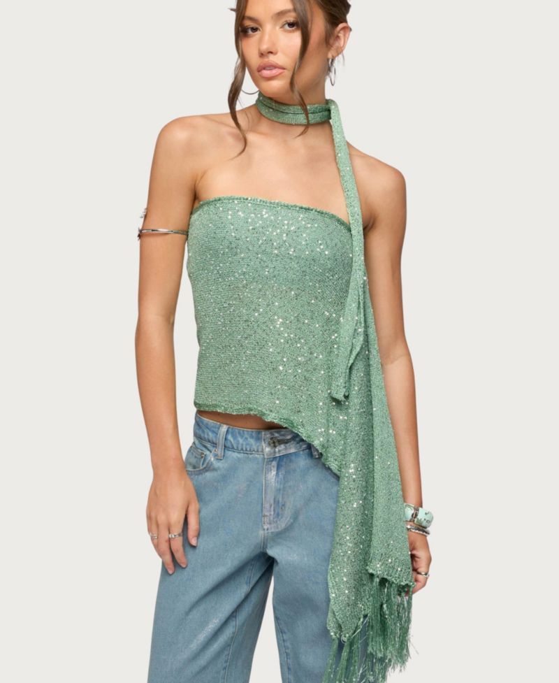 Women's Two-Piece Sequin Knit Scarf Top