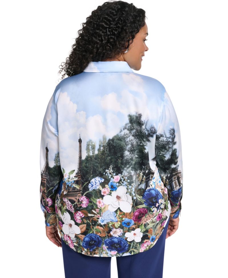 Plus Size City Scene Collared Button-Front Top