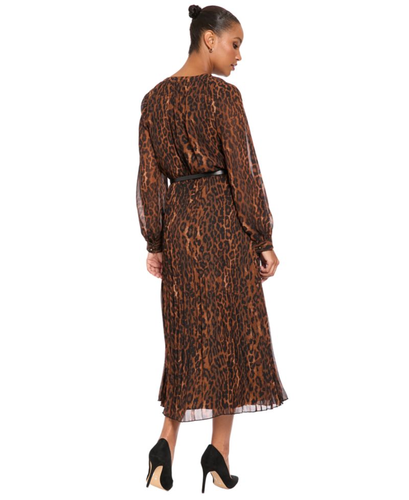 Petite Belted Pleated Skirt Chi Leopard-Print Long-Sleeve Dress