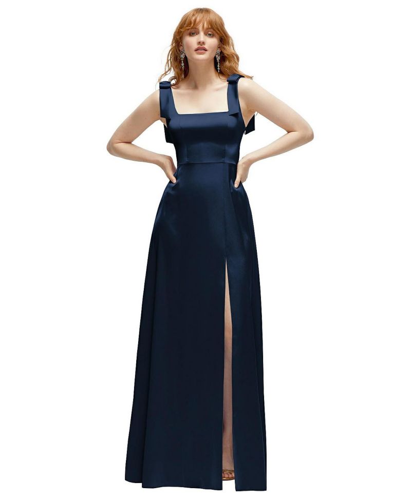 Women's Square Neck Fluid Satin Maxi Dress with Bow Straps