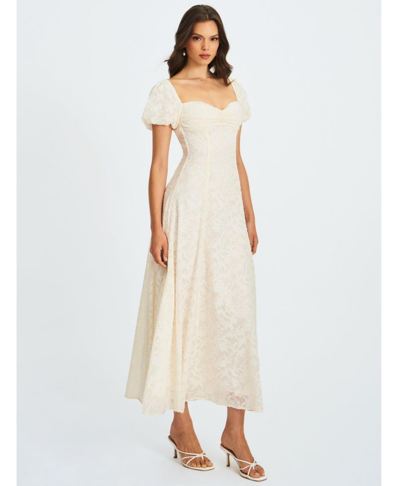 Women Pandora White Bubble Sleeve Backless Maxi Dress
