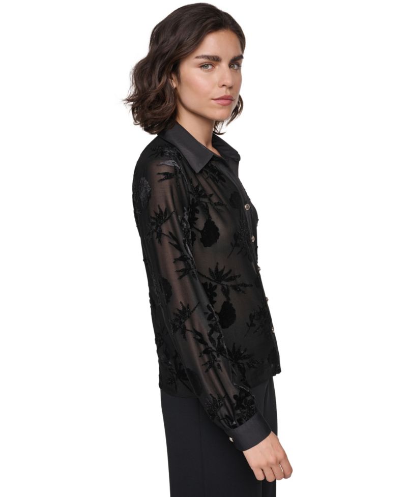 Women's Long-Sleeve Collared Burnout-Floral Blouse