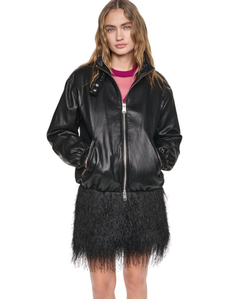 Petite High-Collar Faux-Leather Bomber Jacket