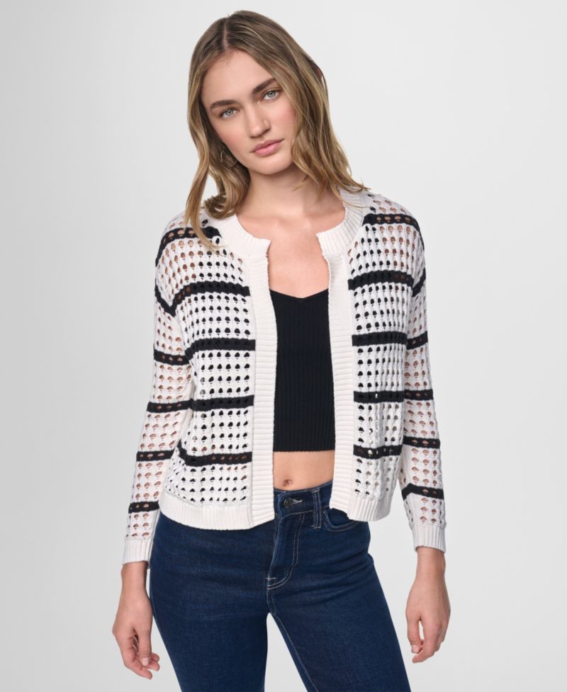 Women's Relaxed-Fit Stripe Open Stitch Drop Shoulder Open-Front Cardigan