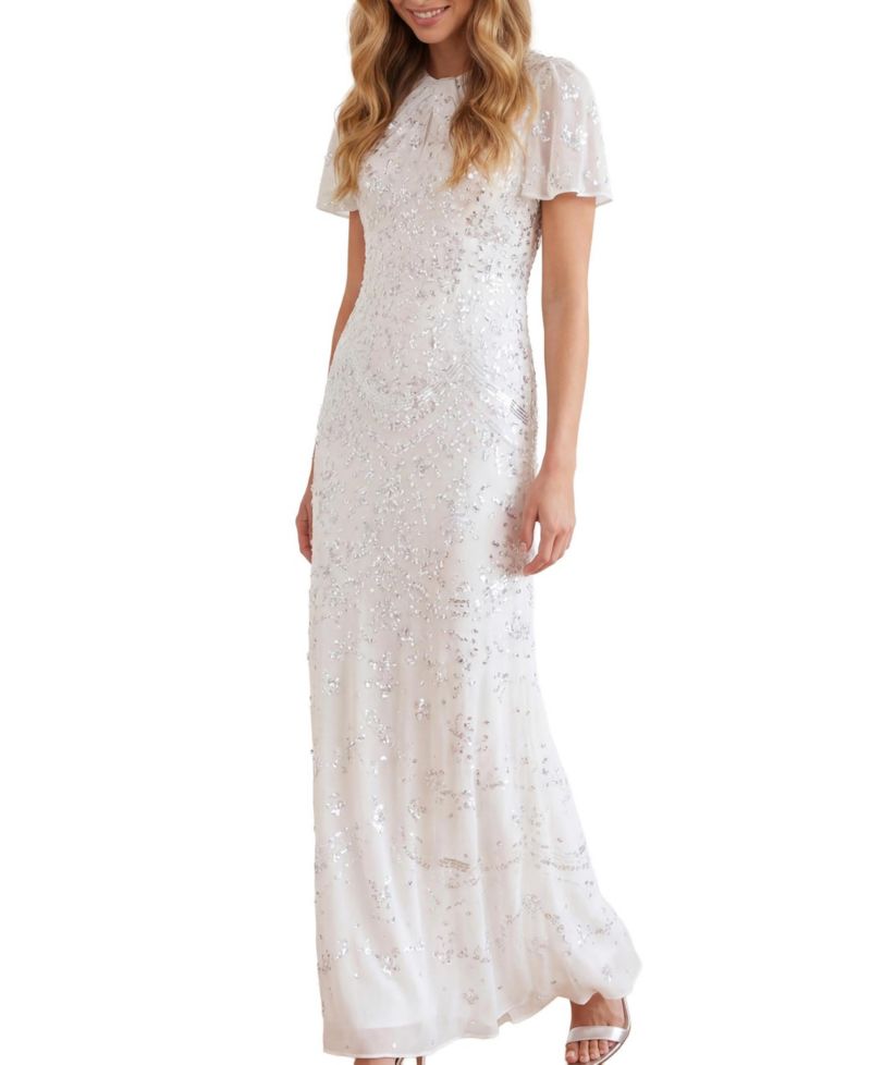 Women's Freya Georgette Sequin Flutter-Sleeve Maxi Gown