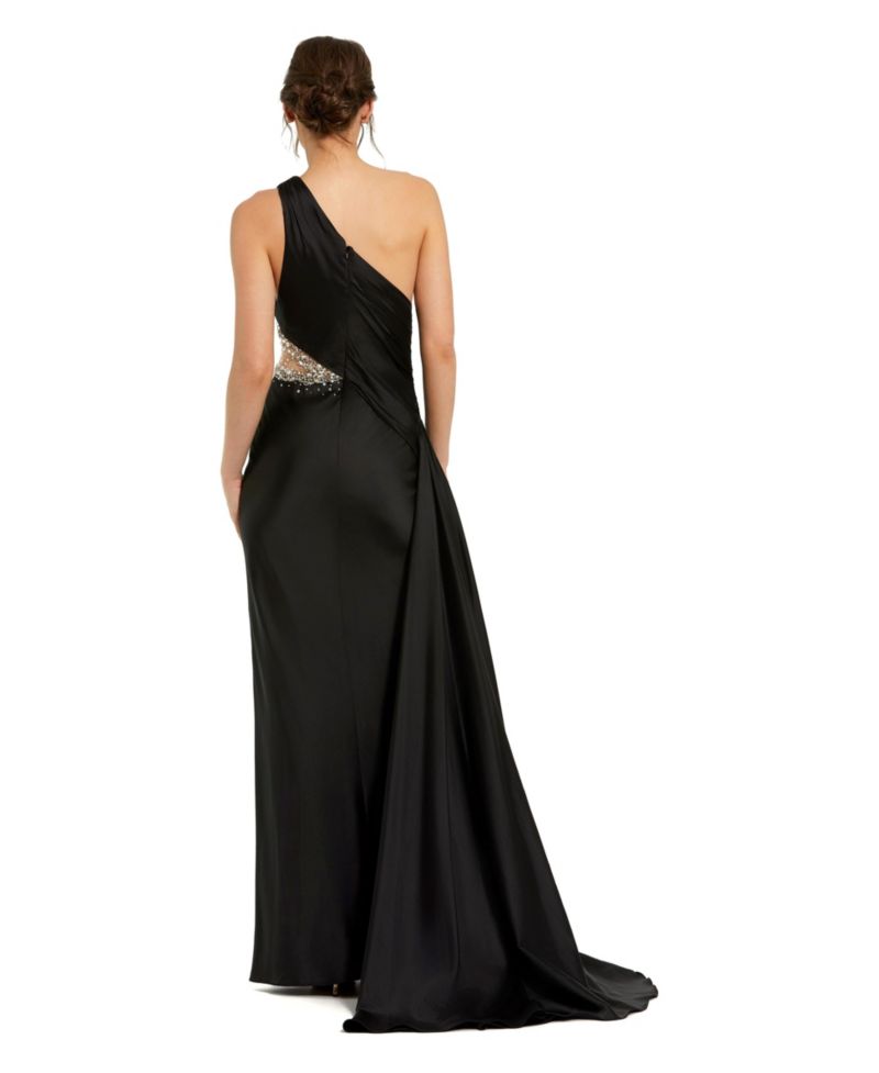 Women's One Shoulder Charmeuse Gown With Beaded Cutout