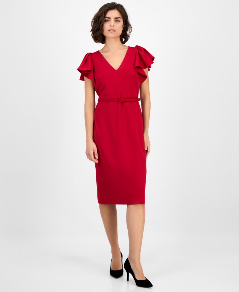 Women's V-Neck Ruffle-Sleeve Sheath Dress