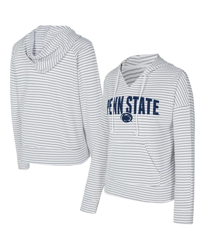 Men's White/Gray Penn State Nittany Lions French Terry Striped V-Neck Pullover Hoodie
