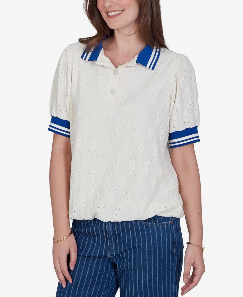Petite Diamond-Eyelet Bubble-Hem Polo