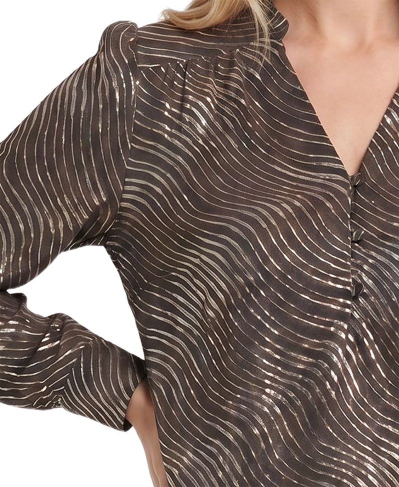 Women's Metallic-Print Ruched-Shoulder V-Neck Long-Sleeve Blouse