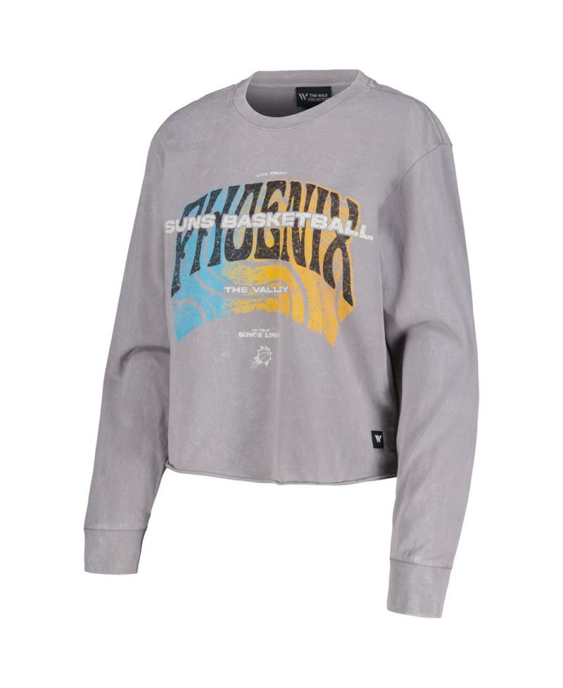 Women's Gray Distressed Phoenix Suns Band Cropped Long Sleeve T-shirt