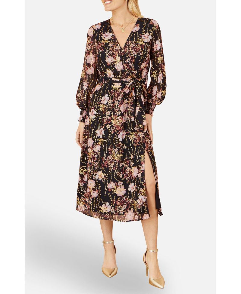 Women's Foiled Floral Print Wrap Midi Dress