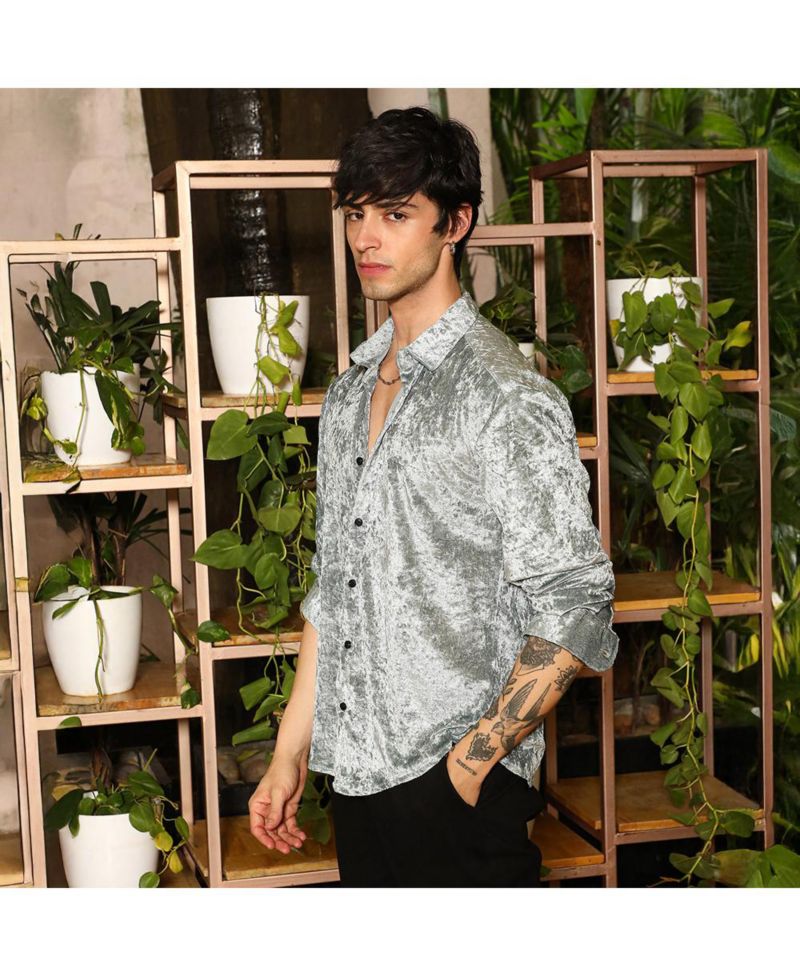 Men's Sage Green Solid Velvet Shirt