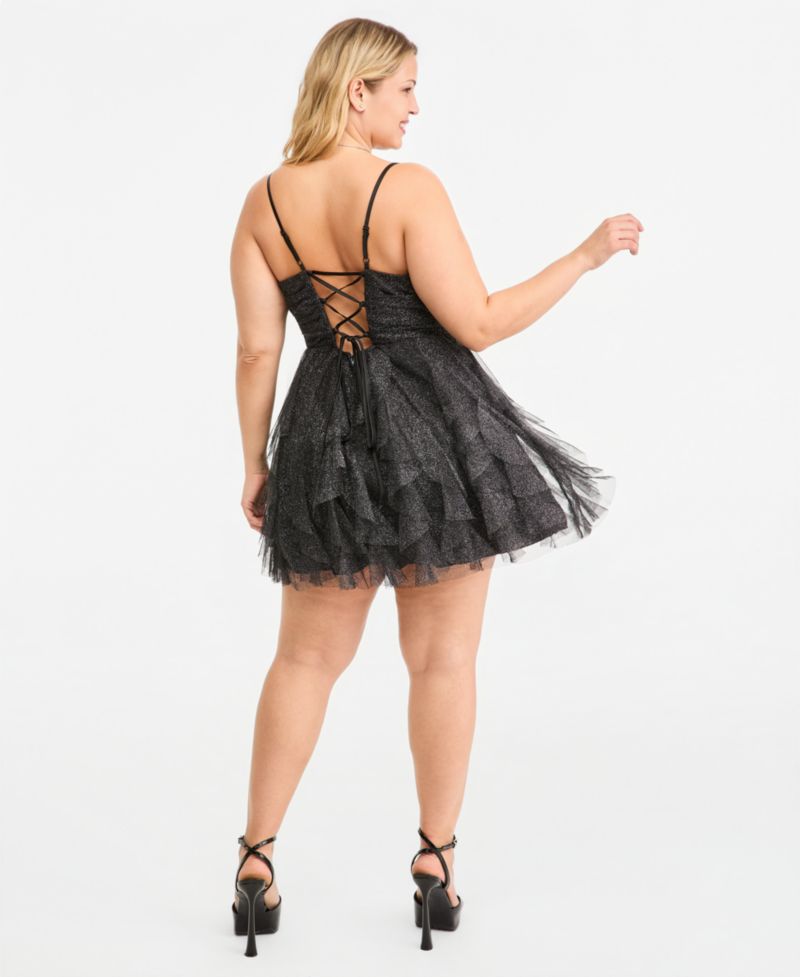 Plus Size Glitter-Mesh Ruffle-Skirt Mini Dress