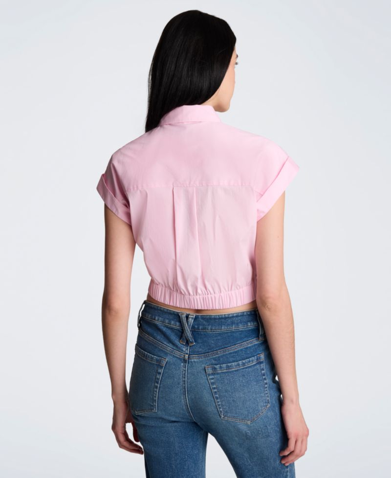 Women's Short-Sleeve Button-Front Collared Cropped Shirt