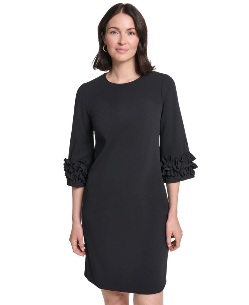 Petite Ruffle-Sleeve Jewel Neck Dress