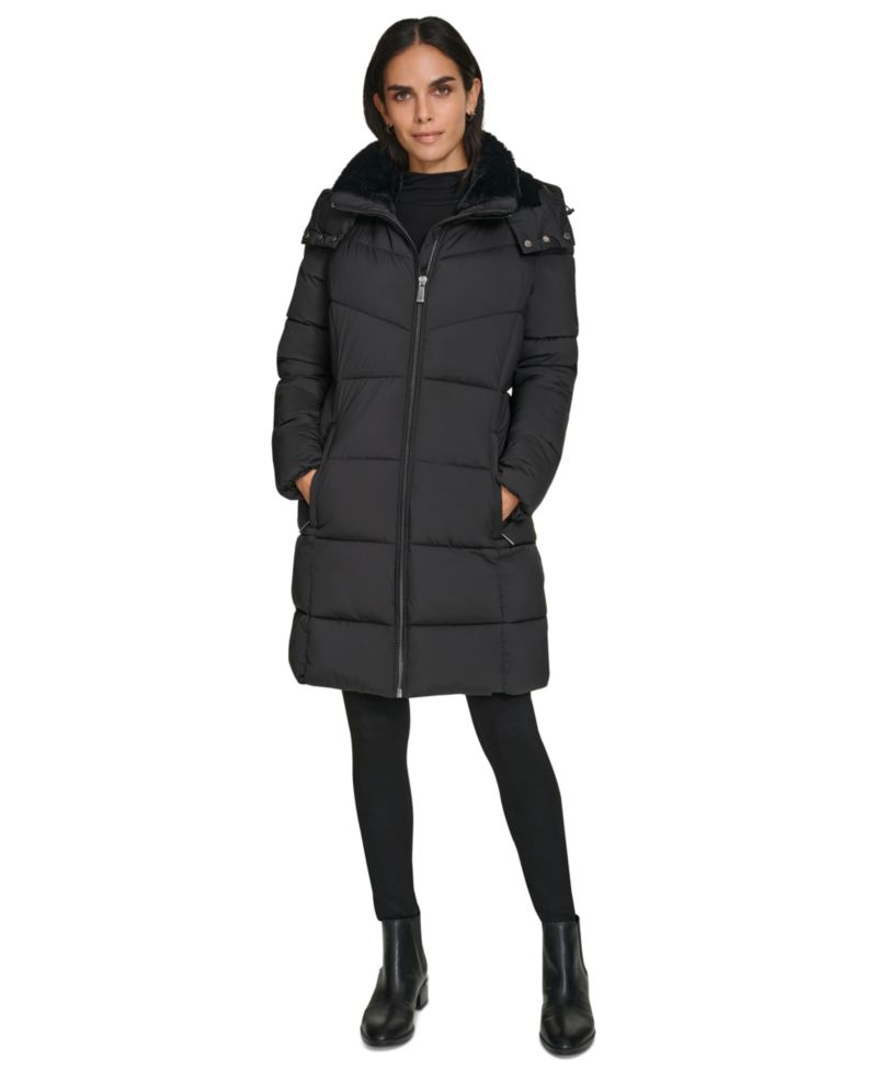 Women's Hooded Faux-Fur-Lined Midi Puffer Coat