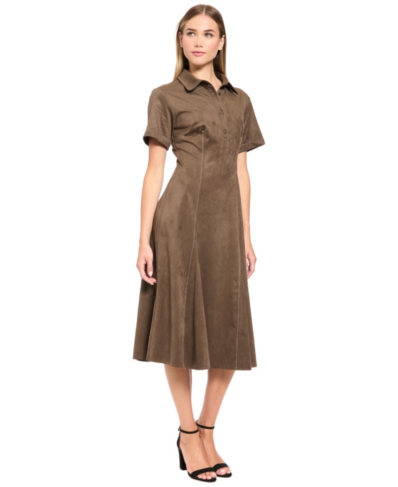 Women's Collared Button-Front A-Line Midi Dress