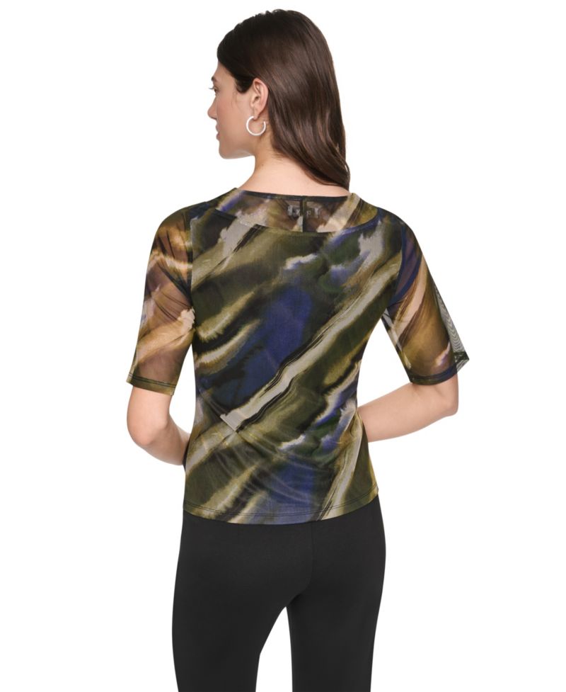 Women's Printed Mesh Twist-Front V-Neck Top