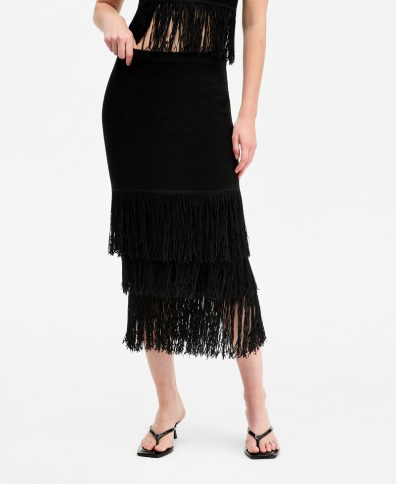 Women's Pull-On Tiered-Fringe Sweater Skirt