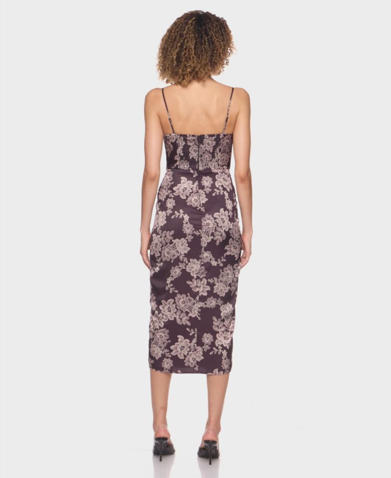 Juniors' Sweetheart Neck Printed Satin Midi Dress with Spaghetti Straps Skirt Slit