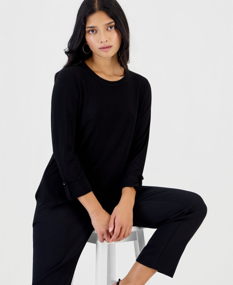 Petite 3/4 Sleeve Scoop Neck Heatset Stone Top