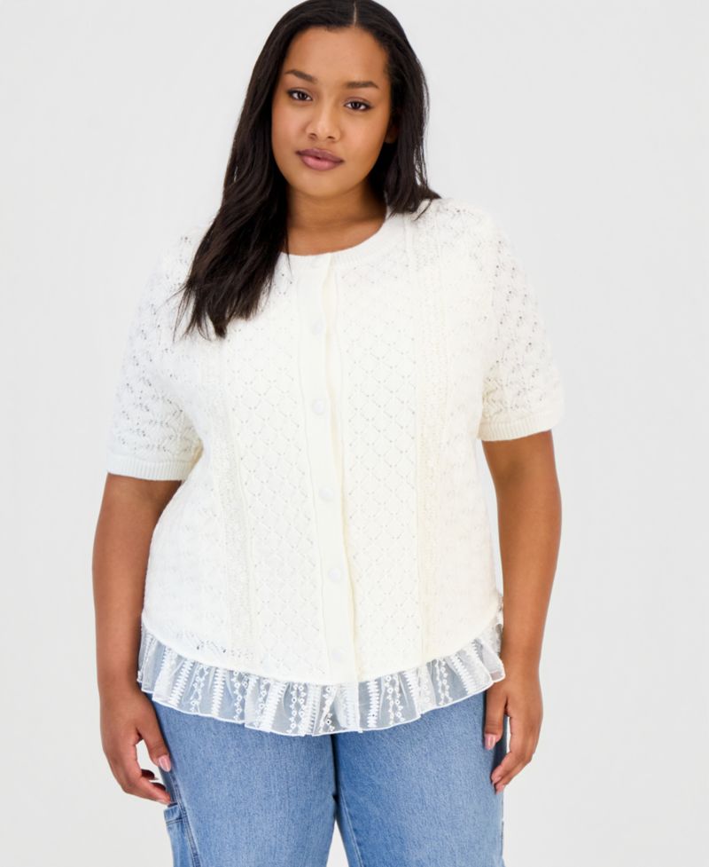 Petite Pointelle Lace-Hem Short-Sleeve Cardigan