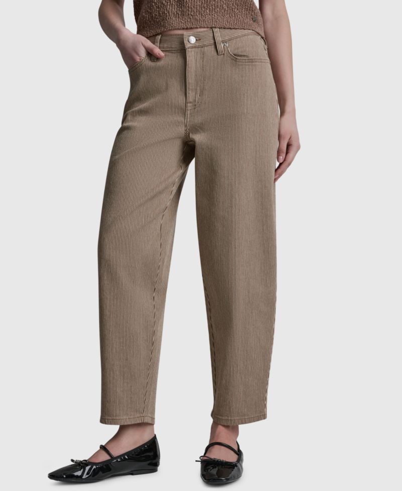 Women's Mid-Rise Striped Baby Barrel-Leg Jeans