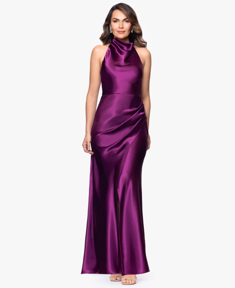 Petite Cowl Halter Neck Charmeuse Long Dress