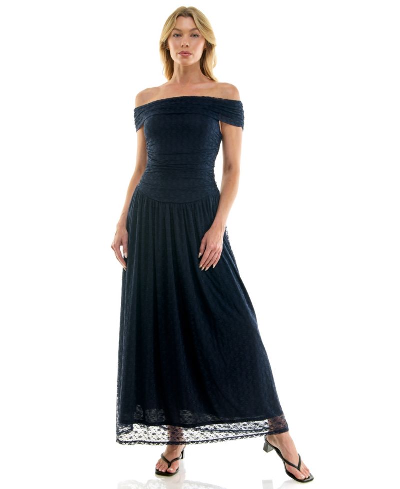 Juniors' Lea Off-the-Shoulder Lace Ruched Maxi Dress