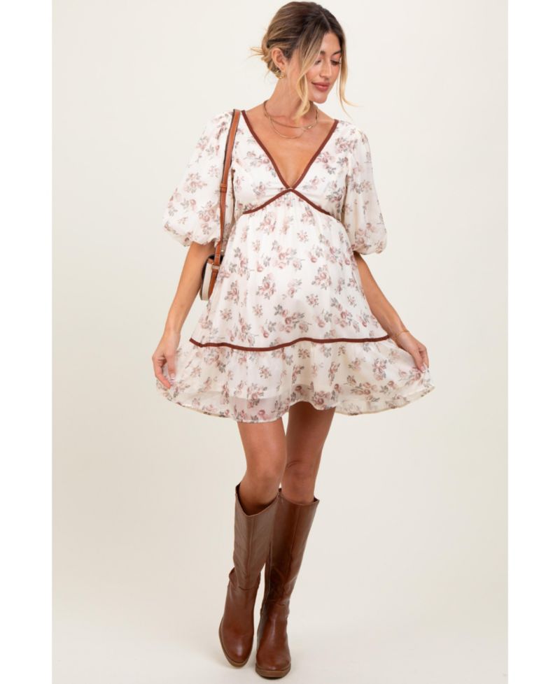 Women's Cream Floral Deep V-Neck Back Cutout Dress