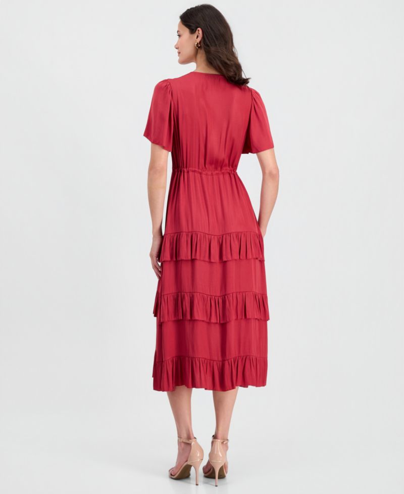 Women's V-Neck Short-Sleeve Tiered-Ruffle Dress