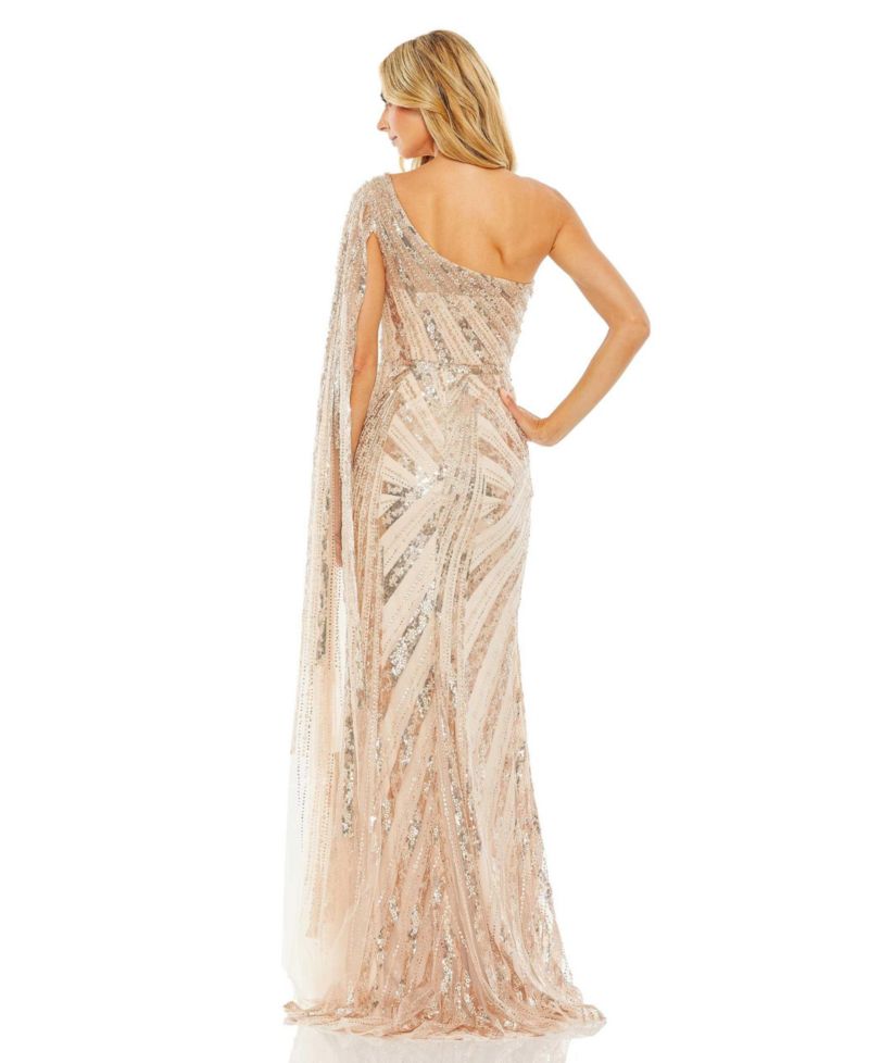 Women's One Shoulder Cape Sleeve Embellished Gown