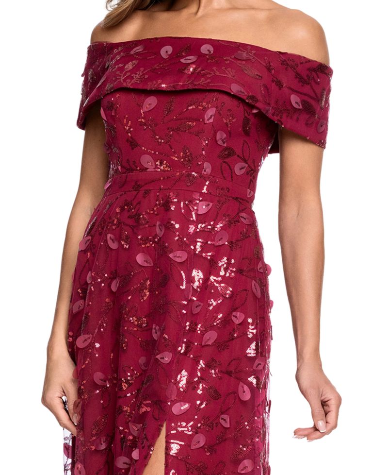 Petite 3D Embellished Mesh Off-The-Shoulder Ball Gown