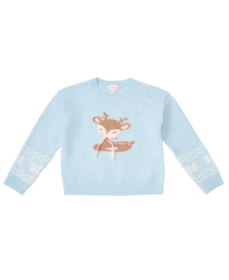 Girls' 7-16 Reindeer Crewneck Long-Sleeve Sweater