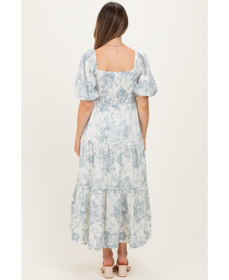 Women's Blue Vintage Floral Puff Sleeve Tiered Maxi Dress