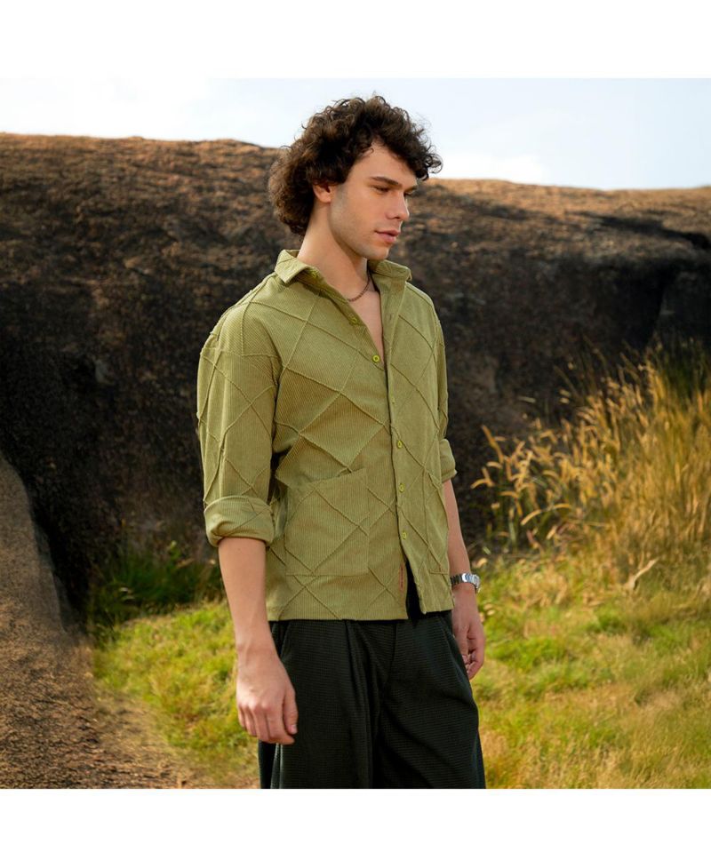 Men's Pistachio Green Grid-Corduroy Shirt