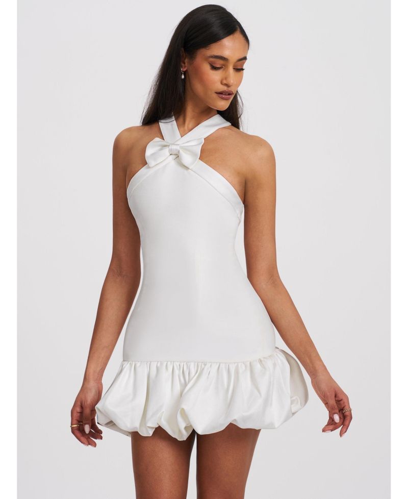 Women's Barbra White Cross Straps Bodycon Mini Dress with Bubble Hem