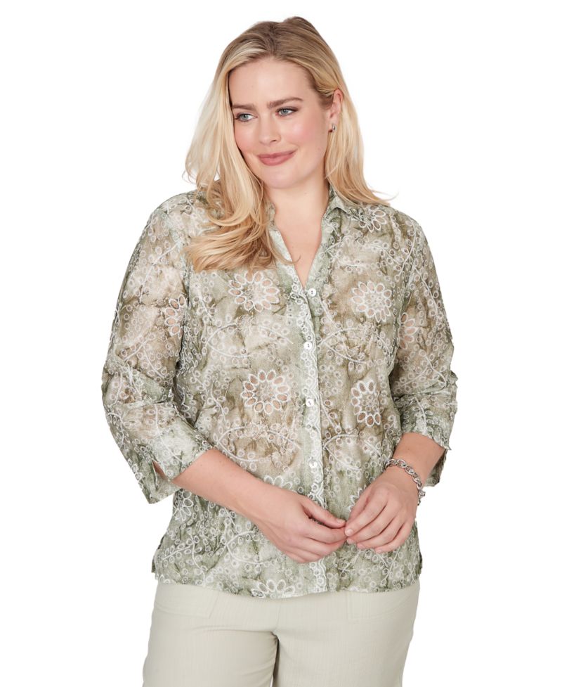 Petite Vintage-Inspired Charm Tie Dye Monotone Floral Button-Front Top