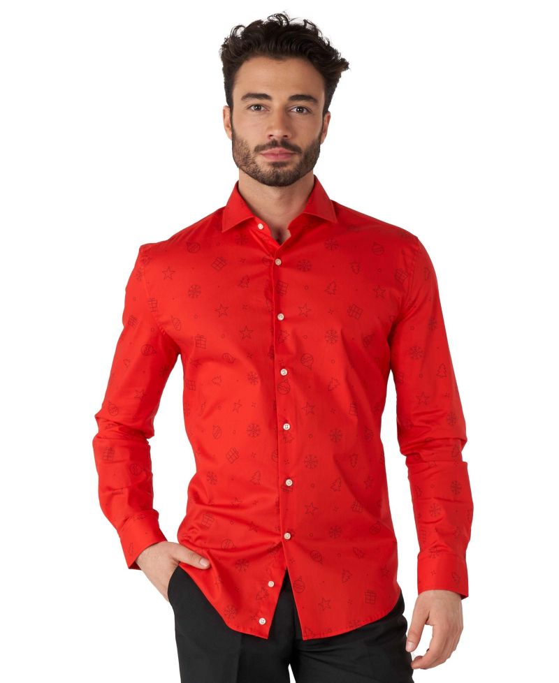 Big & Tall Christmas Shirt - Festive Holiday Icons Button Up Dress Shirt - Red - Long sleeve